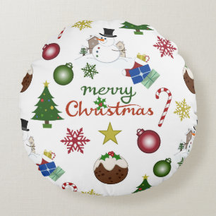 Christmas Illustration Mix Lg Pattern Round Pillow