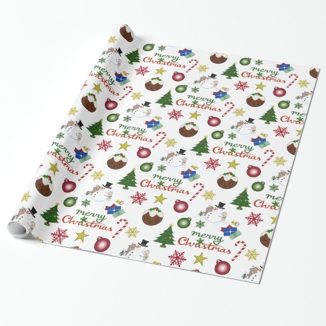 Christmas Illustration Mix Pattern Wrapping Paper (Unrolled)