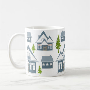 Christmas illustration winter houses trees grey wh coffee mug