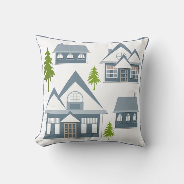 Christmas illustration winter houses trees grey wh throw pillow (Front)