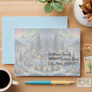 Christmas in a mountain village, polar lights envelope