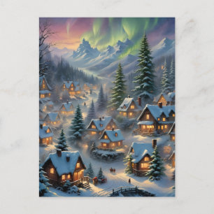 Christmas in a mountain village, polar lights  holiday postcard