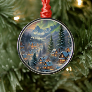 Christmas in a mountain village, polar lights metal ornament