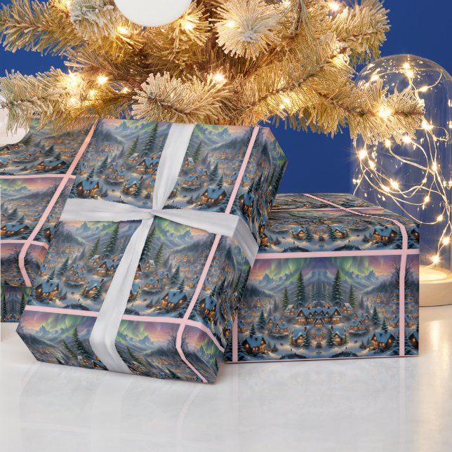 Christmas in a mountain village, polar lights  wrapping paper (Holidays)