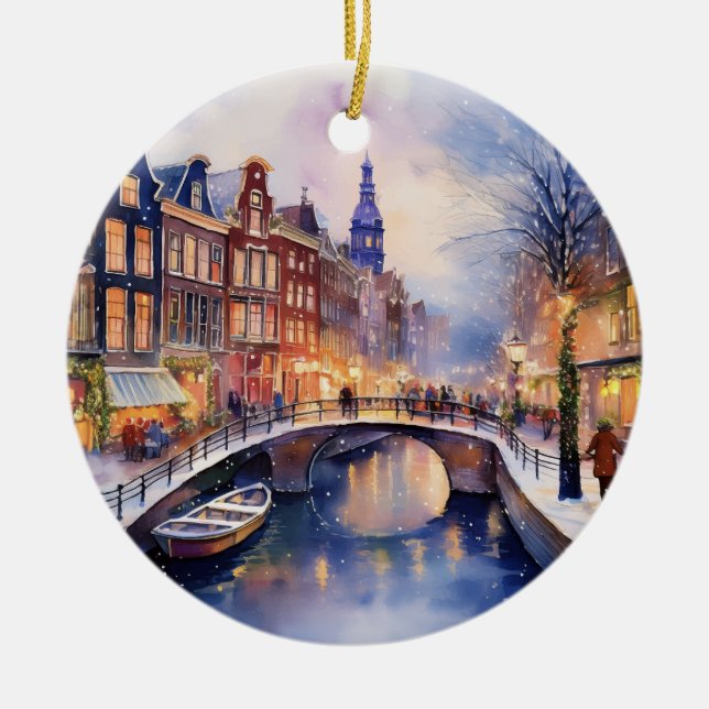 Christmas in Amsterdam Netherlands Watercolor Ceramic Ornament (Front)