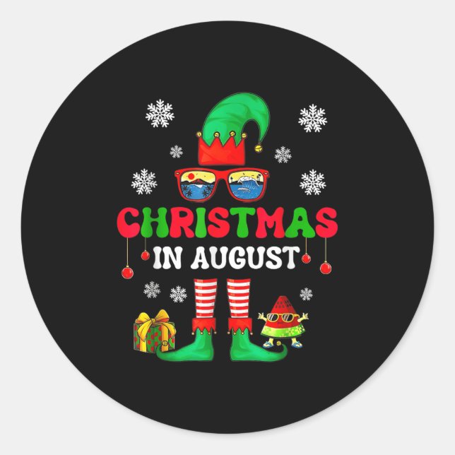 Christmas In August Funny Elf For Summer Xmas Men  Classic Round Sticker (Front)