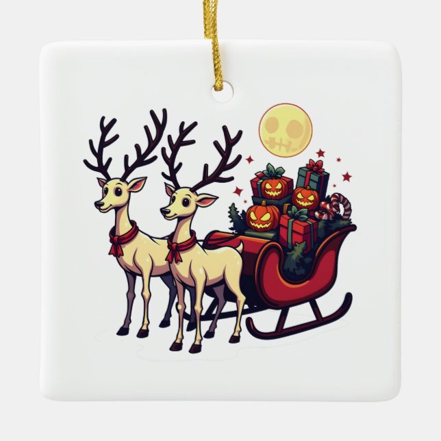 Christmas in Halloween Reindeer Pumpkin Presents Ceramic Ornament (Front)