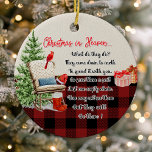 Christmas in Heaven Buffalo Plaid Photo Memorial Ceramic Ornament<br><div class="desc">Honour the memory of a loved one with this "Christmas in Heaven" memorial ornament. Featuring a cozy design with a rustic rocking chair, a red cardinal, and a buffalo plaid border, this ornament is a comforting reminder of those who are no longer with us. Customize the back with a cherished...</div>