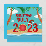 Christmas in July 2023 Watermelon Beach Invitation<br><div class="desc">Christmas in July 2023 illustration featuring red bold year number 2023 decorated with colourful light chain,  sliced watermelon and a red Santa Claus hat. Displayed on the beach with palm trees and ocean water.</div>