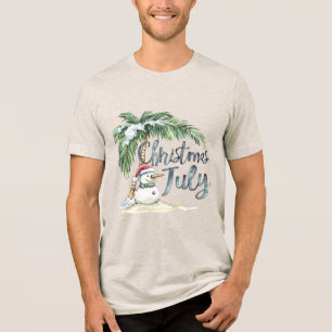 Christmas in July Beach Snowman & Palm Tree Tri-Blend Shirt