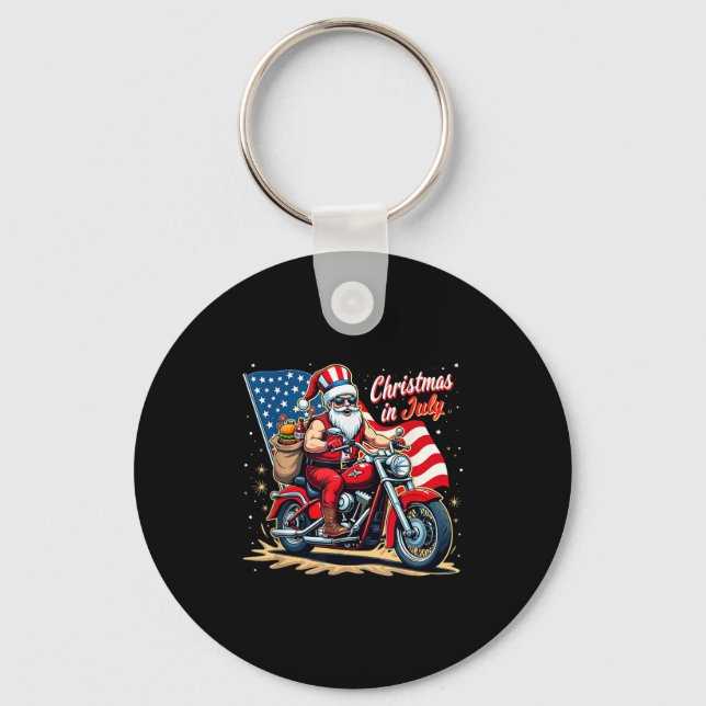 Christmas In July Biker Santa American Funny Summe Keychain (Front)