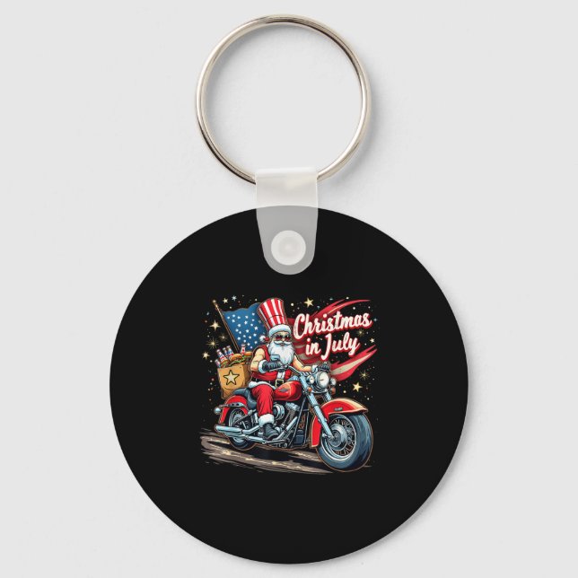 Christmas In July Biker Santa American Funny Summe Keychain (Front)