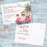 Christmas In July Boutique Market Holiday Postcard<br><div class="desc">Join us for a festive Christmas in July Market! This fun and cheerful postcard design features a relaxed Santa Claus in sunglasses lounging in a pink flamingo floaty, surrounded by ocean waves and tropical vibes—perfect for a warm-weather celebration. Set in a playful mix of black and red fonts, combining script...</div>