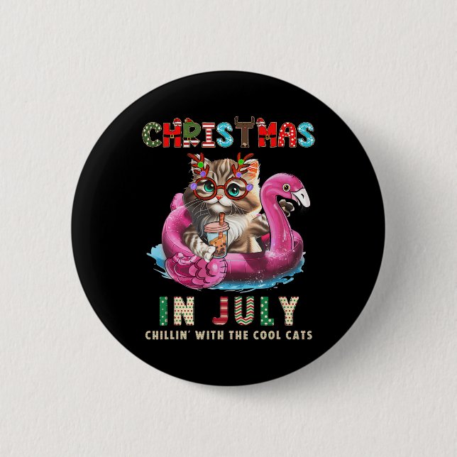 Christmas In July Chillin Cats Flamingo Float Meow 2 Inch Round Button (Front)