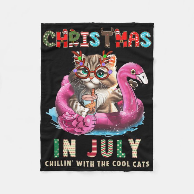 Christmas In July Chillin Cats Flamingo Float Meow Fleece Blanket (Front)