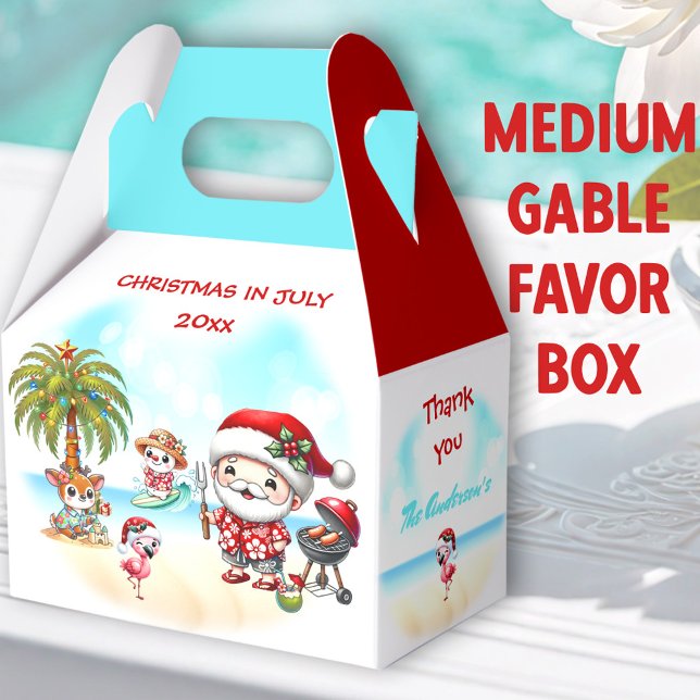 Christmas In July Cute Santa Summer Medium Gable Favor Box (Beach Santa Medium Gable Favor Boxes- You can choose from 3 sizes of these gable favor boxes)