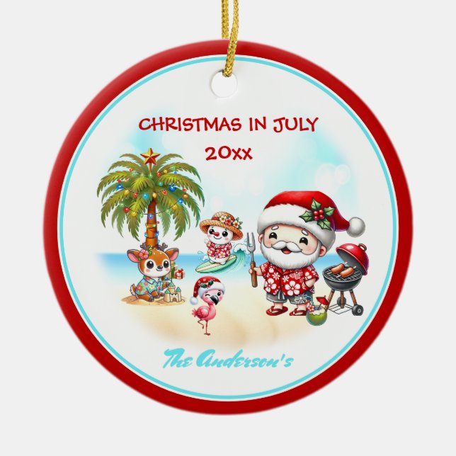 Christmas In July Cute Santa Tropical Summer  Ceramic Ornament (Front)