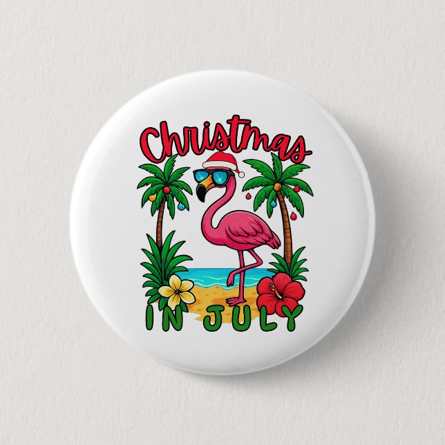 Christmas in July Flamingo 2 Inch Round Button (Front)