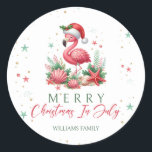 Christmas in July Flamingo Classic Round Sticker<br><div class="desc">Envision a charming scene where a delightful pink flamingo,  adorned with a festive Santa hat,  poses gracefully beside an array of starfish,  seashells,  and coral. The entire setting is bathed in harmonious shades of green and pink,  creating the perfect motif for a whimsical Christmas celebration in July.</div>