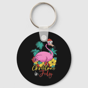Christmas In July Flamingo Summer Beach Vacation Keychain