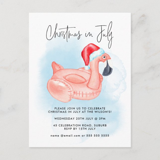 Christmas In July Flamingo Summer Pool Party  Holiday Postcard (Front)