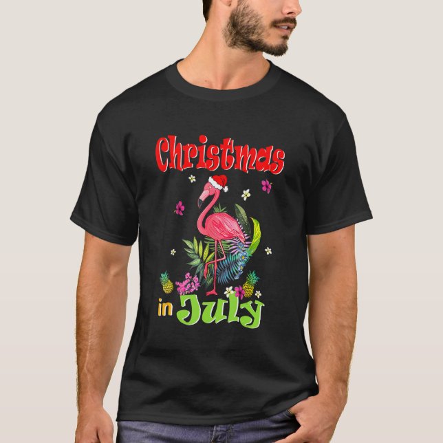 Christmas In July For Women Pink Flamingo T-Shirt (Front)