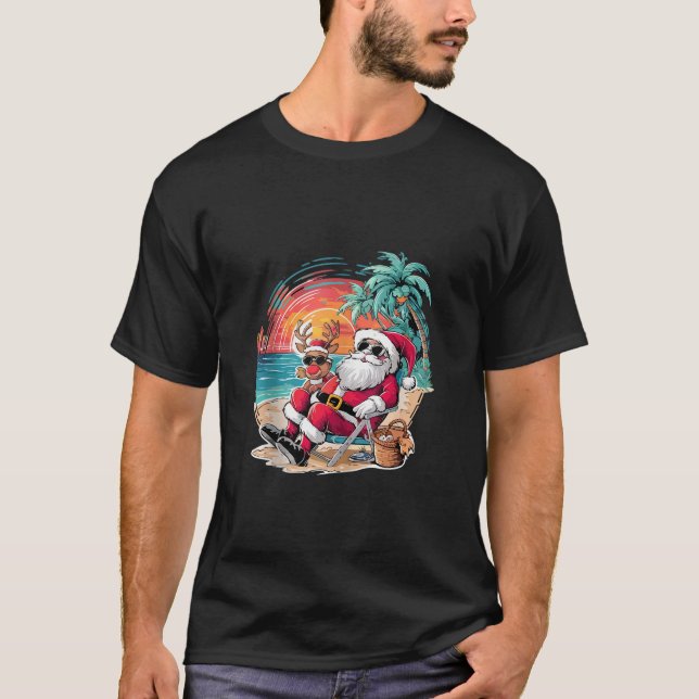Christmas in July Funny Beach Santa with reindeer  T-Shirt (Front)