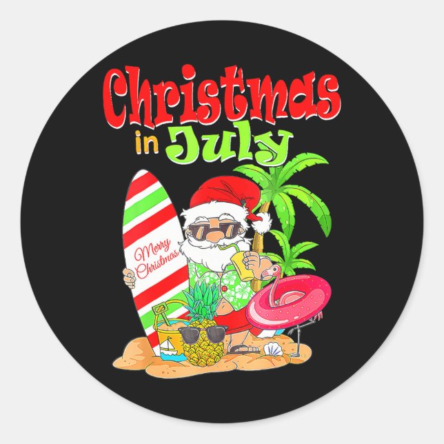 Christmas In July Funny Santa Summer Beach Classic Round Sticker (Front)