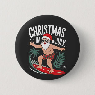 Christmas in July Funny Surfing Santa Vacation 2 Inch Round Button