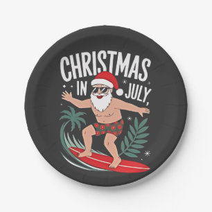 Christmas in July Funny Surfing Santa Vacation  Paper Plate