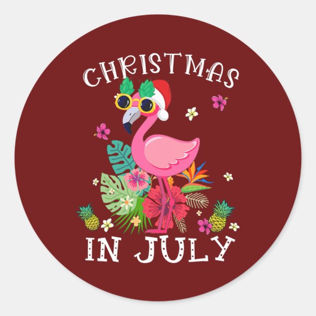 Christmas In July Pink Flamingo Hawaii Funny Classic Round Sticker (Front)