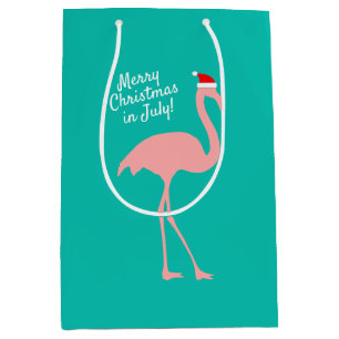Christmas in July pink flamingo Santa Claus Medium Gift Bag