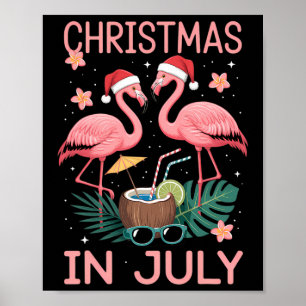 Christmas In July Pink Flamingo With Santa Hat Poster