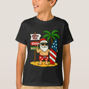 Christmas In July Santa And Surfboard Usa Flag 4th T-Shirt
