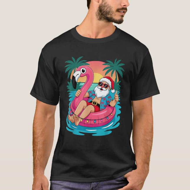 Christmas in July Santa Flamingo Float Aloha Hawai T-Shirt (Front)