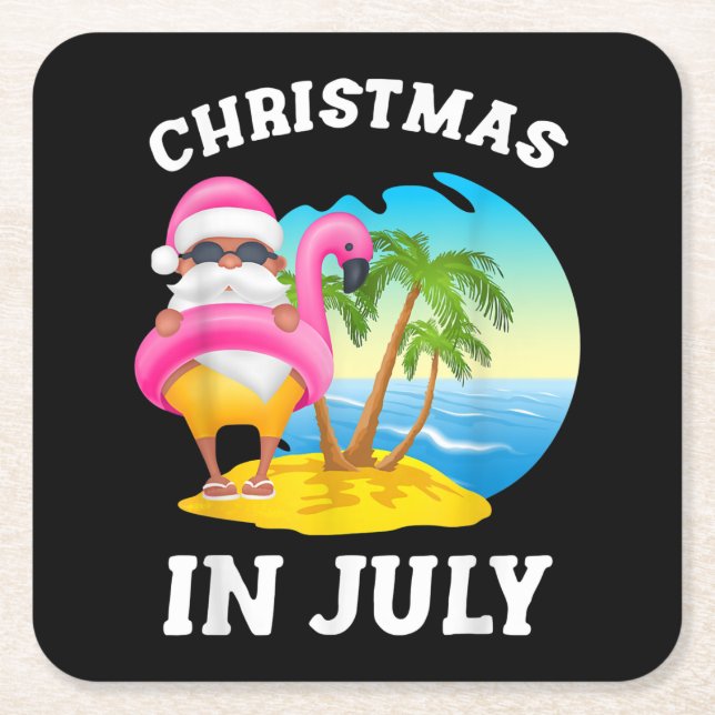 Christmas In July Santa Flamingo Pool Summer Square Paper Coaster (Front)