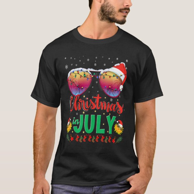 Christmas in July Santa Hat Sunglasses Summer Vaca T-Shirt (Front)