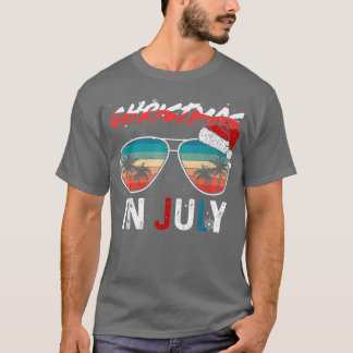 Christmas In July Santa Hat Sunglasses USA Flag Su T-Shirt