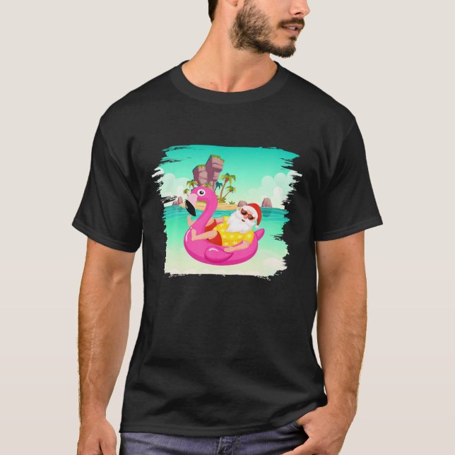 Christmas In July Santa Hawaii Sunglasses Flamingo T-Shirt (Front)