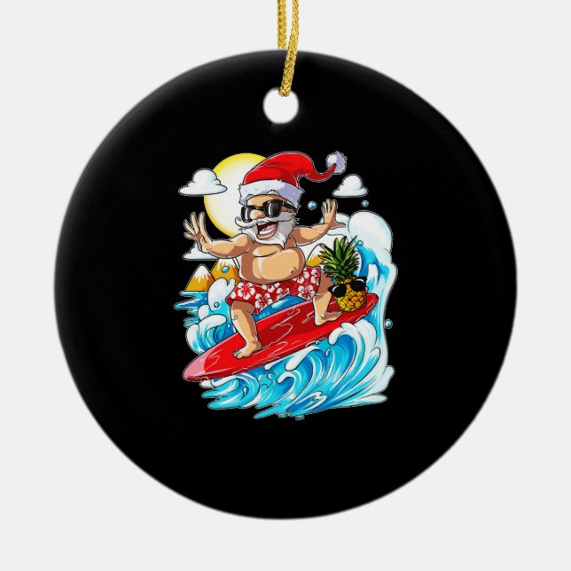 Christmas in July Santa Hawaiian Surfing Ceramic Ornament (Front)