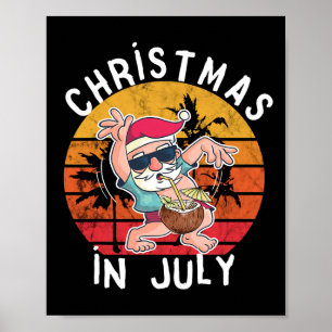 Christmas In July Santa Hawaiin Drink Sunset Funny Poster