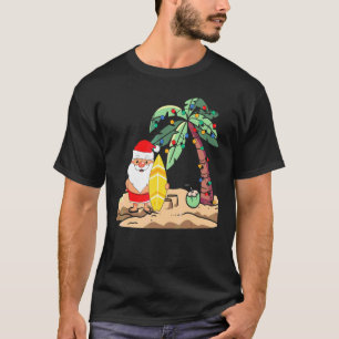 Christmas In July Santa Holding Surf Board On Trop T-Shirt
