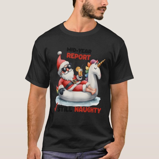 Christmas In July Santa on Unicorn Pool Float Stil T-Shirt (Front)