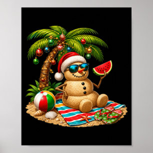 Christmas In July Santa Snowman Beach Summer Xmas Poster