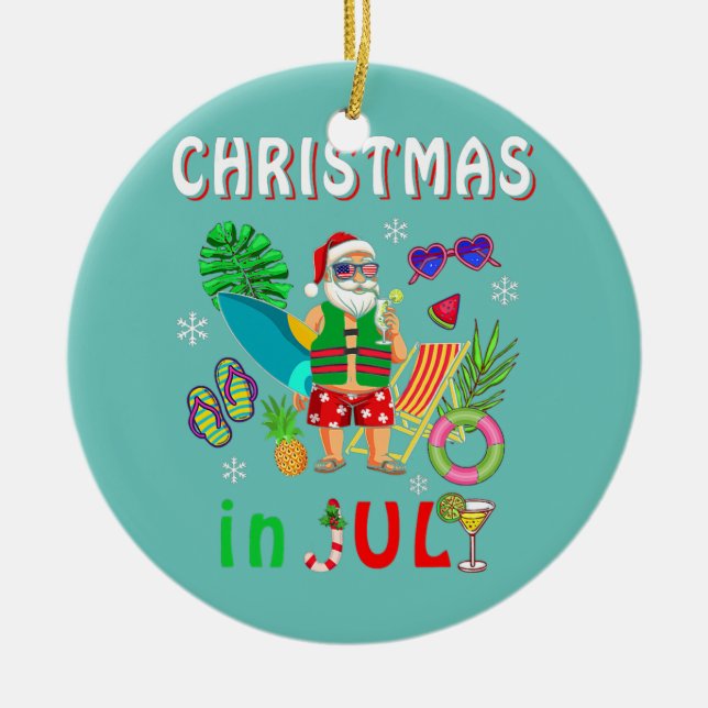 Christmas In July Santa Summer Coast Hawaii Ceramic Ornament (Front)