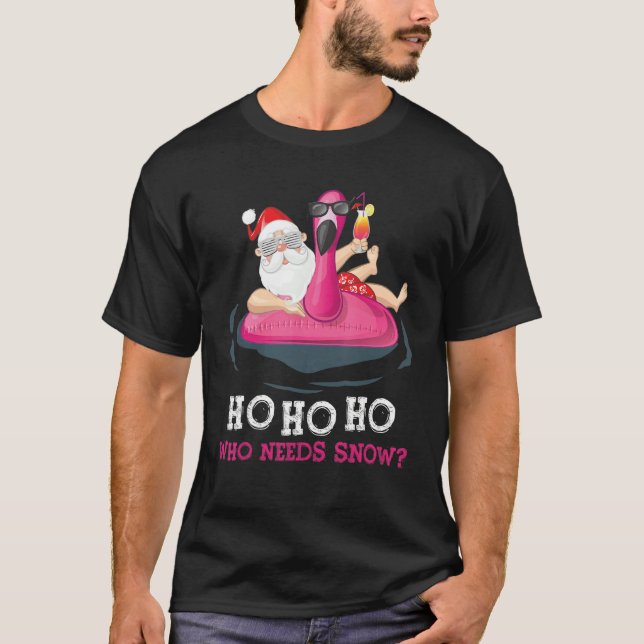 Christmas In July Santa Surfing Flamingo Beach Vac T-Shirt (Front)