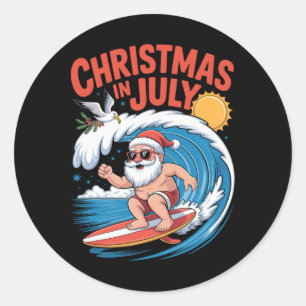 Christmas In July Santa Surfing Summer Fun Classic Round Sticker
