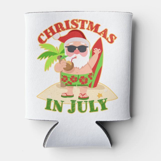 Christmas in July Santa with Surfboard Can Cooler (Front)