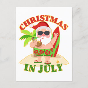 Christmas in July Santa with Surfboard Postcard