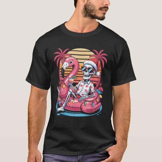 Christmas in July Skeleton Flamingo Float Summer X T-Shirt (Front)